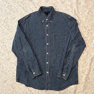 Y2k Lands End 100% Cotton Mens Button Down Denim Grid Plaid Jean Shirt